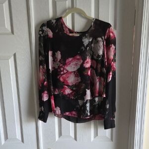 Ellen Tracy Pink and Black Floral Blouse